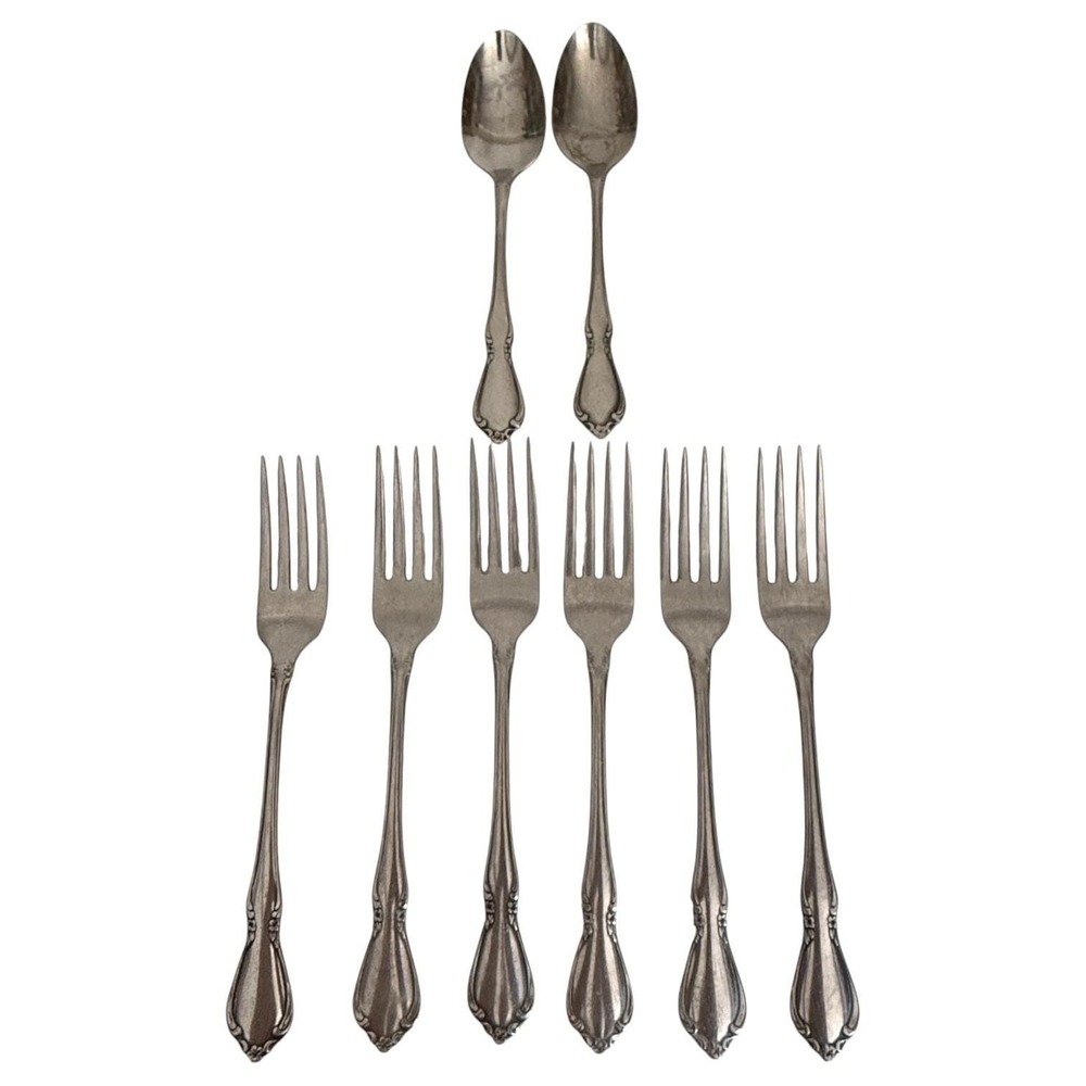 Oneidacraft Chateau Flatware Stainless 8 Piece Dinner Forks Teaspoons Floral VTG